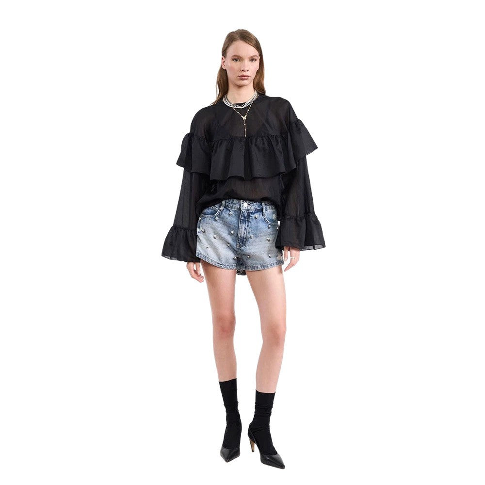 Damen Transparente Volantbluse mit doppelter Rüsche und Glockenärmeln Nord Taschen