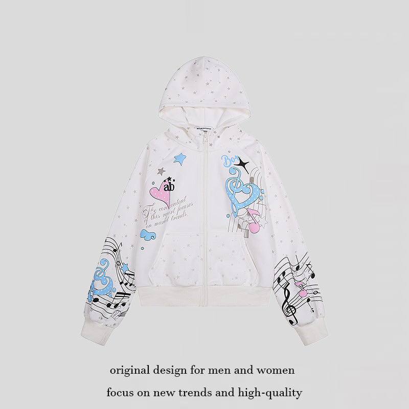 Damen Kapuzen-Sweatjacke mit Front-Reißverschluss, musikalischem Print und Sternchen-Design Nord Taschen