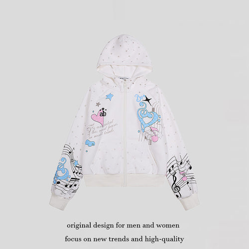Damen Kapuzen-Sweatjacke mit Front-Reißverschluss, musikalischem Print und Sternchen-Design Nord Taschen