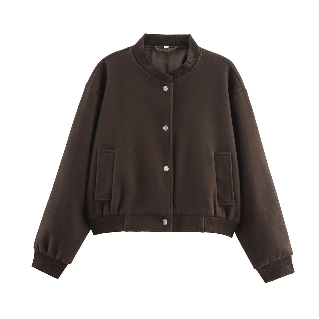 Damen Kurze Oversize-Collegejacke im Wollmix mit Druckknopfverschluss, Eingrifftaschen und Rippenbündchen Nord Taschen