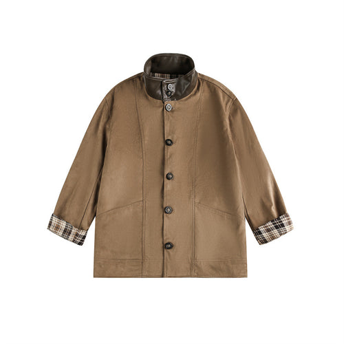 Herren Kurz geschnittener Fieldblouson im Vintage‑Workwear‑Stil mit Lederimitat‑Stehkragen und karierter Innenfütterung Nord Taschen