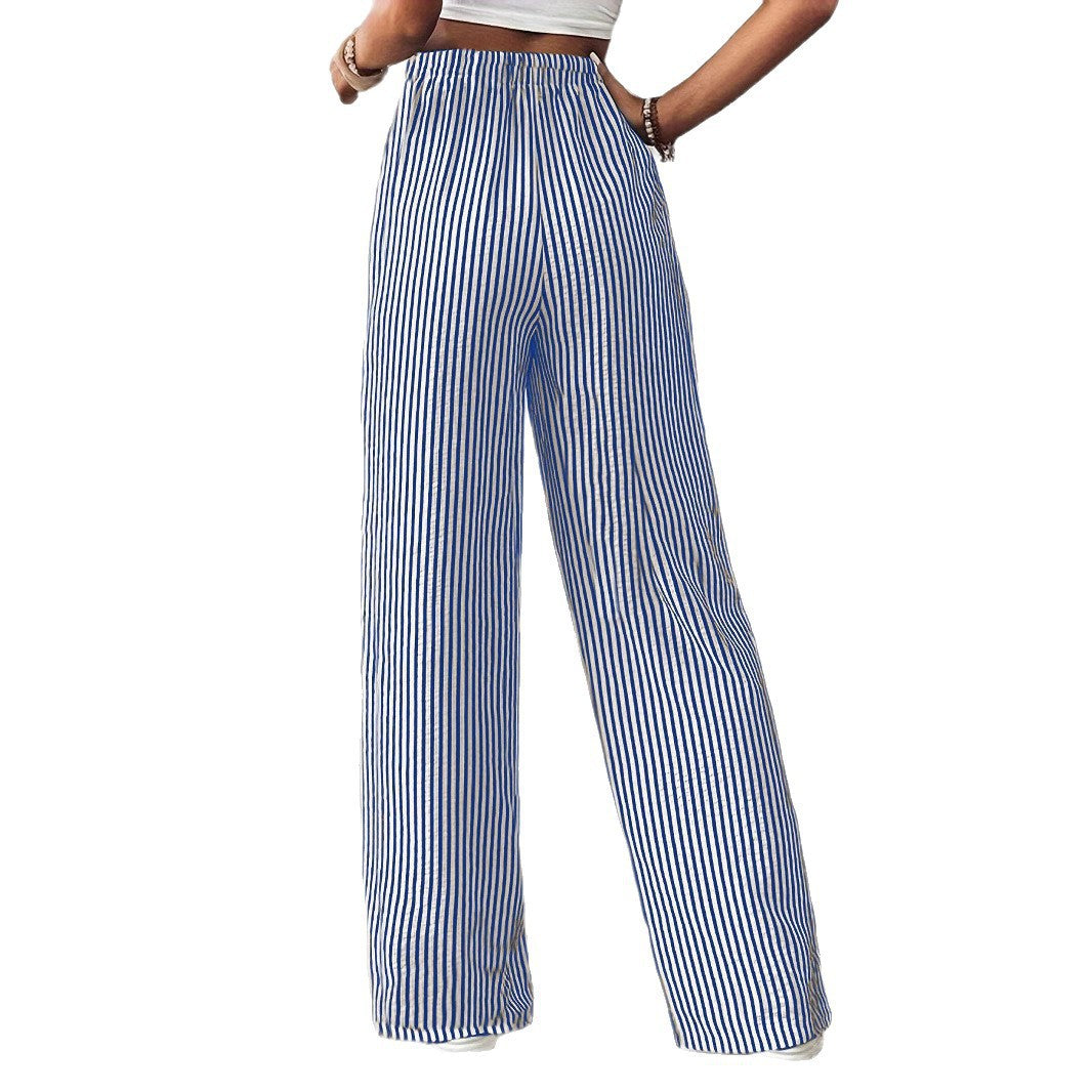 Damen Marlene-Streifenhose aus Leinenmix mit weitem Bein, Elastikbund und Kordelzug Nord Taschen