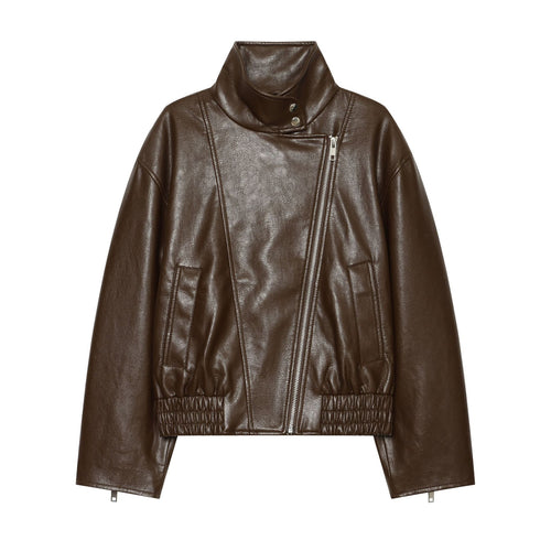 Damen Kurz geschnittene Lederoptik‑Blousonjacke mit Funnelkragen, asymmetrischem Reißverschluss und smocked Bund Nord Taschen