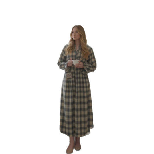 Damen Maxikleid im Karierten Hemdblusenstil mit Taillengürtel und Rüschenmanschetten Nord Taschen