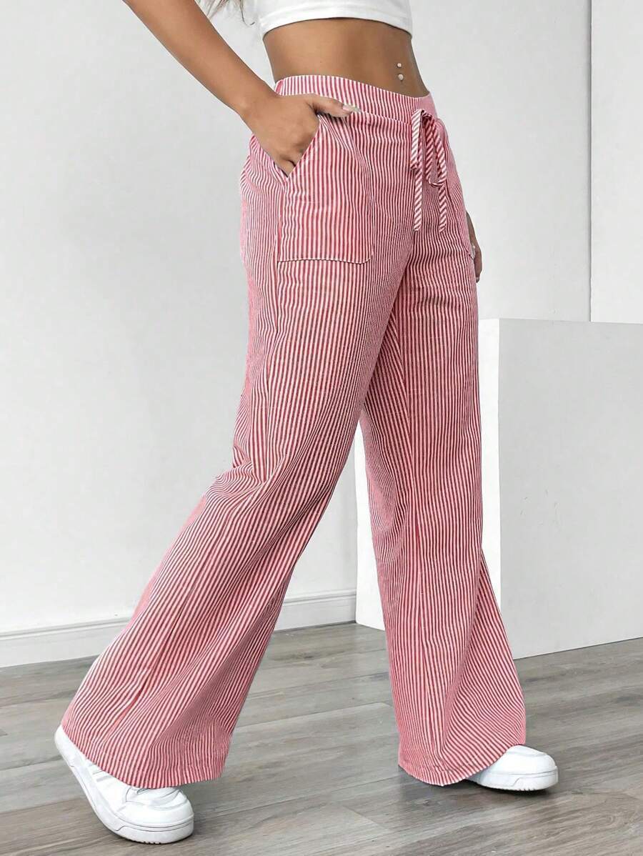 Damen weiche High-Waist Loungehose mit weitem Bein Tunnelzug und aufgesetzten Taschen Nord Taschen