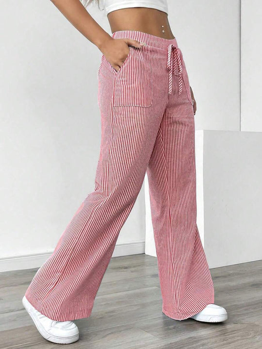 Damen weiche High-Waist Loungehose mit weitem Bein Tunnelzug und aufgesetzten Taschen Nord Taschen