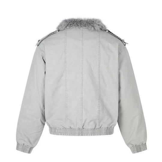 Damen wattierte Bomberjacke mit Kunstfellkragen, Nietenapplikation und Schulterklappen Nord Taschen