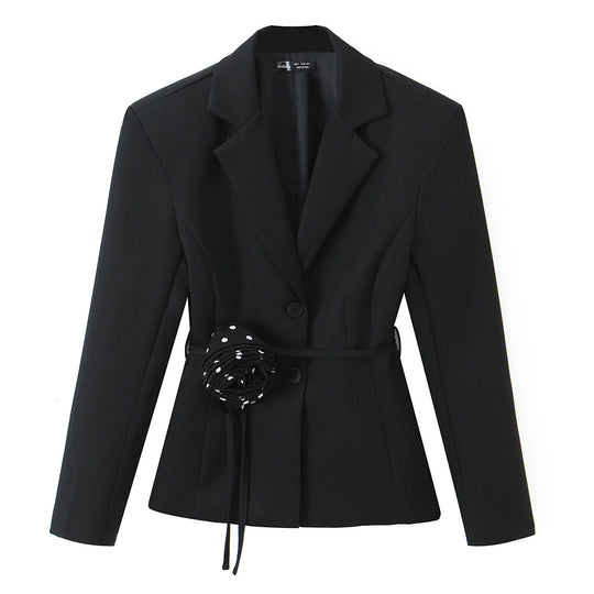Damen Zweiteiliges tailliertes Blazer- und Midaxi-Rock-Set mit Rosenapplikation am Gürtel und Polka-Dot‑Rock Nord Taschen