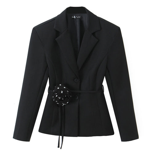 Damen Zweiteiliges tailliertes Blazer- und Midaxi-Rock-Set mit Rosenapplikation am Gürtel und Polka-Dot‑Rock Nord Taschen