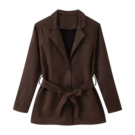 Damen Taillierter Wildlederoptik-Blazer mit Bindegürtel und aufgesetzten Taschen Nord Taschen