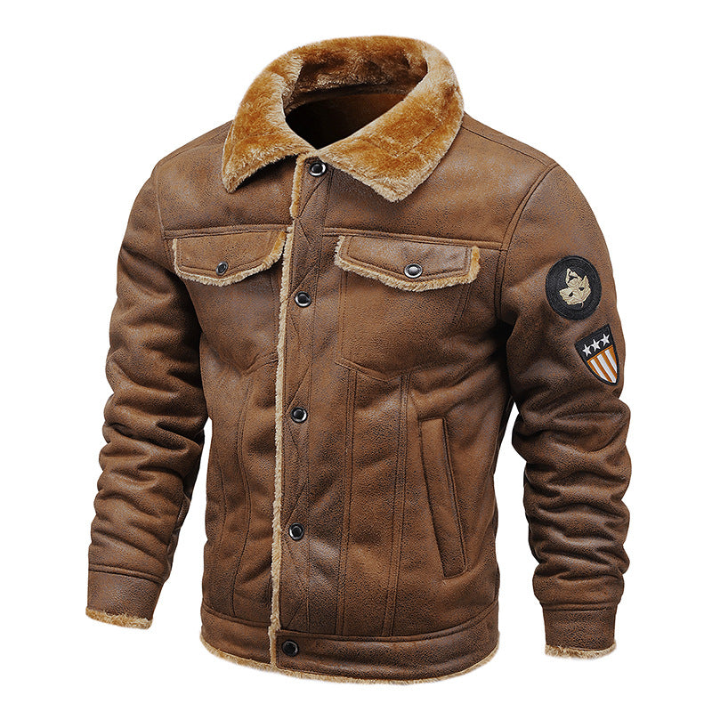 Herren Fliegerjacke aus Kunstleder mit Teddyfell-Futter und Aufnäher Nord Taschen