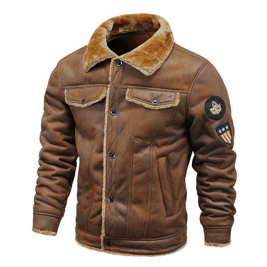 Herren Fliegerjacke aus Kunstleder mit Teddyfell-Futter und Aufnäher Nord Taschen
