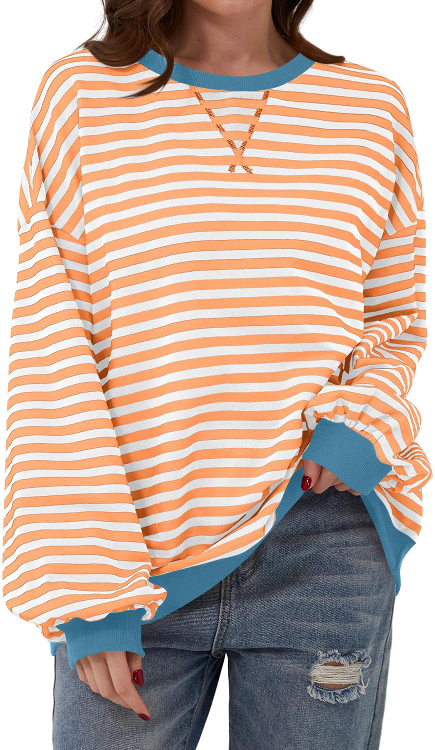 Damen lässiger Oversized Sweatshirt mit bunten Streifen und Kapuzenkordel