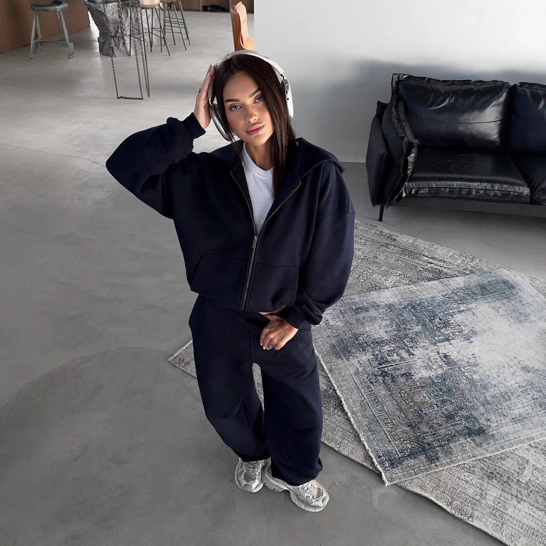Damen lässiges Zip-Lounge-Set mit übergroßer Kapuzenjacke und taillierter Relax-Jogginghose Nord Taschen