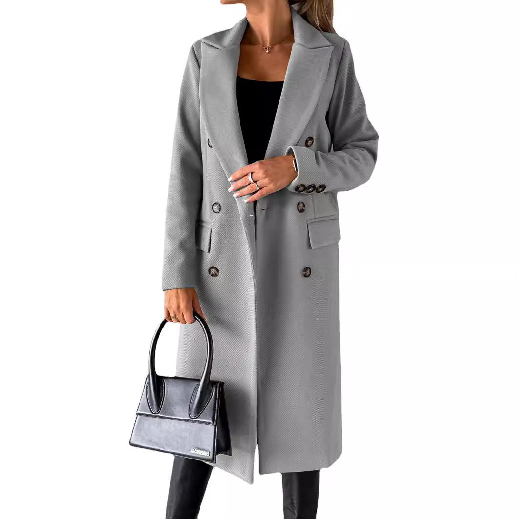 Damen Doppelreihiger Midilanger Wollmantel mit Reverskragen und taillierter Silhouette Nord Taschen