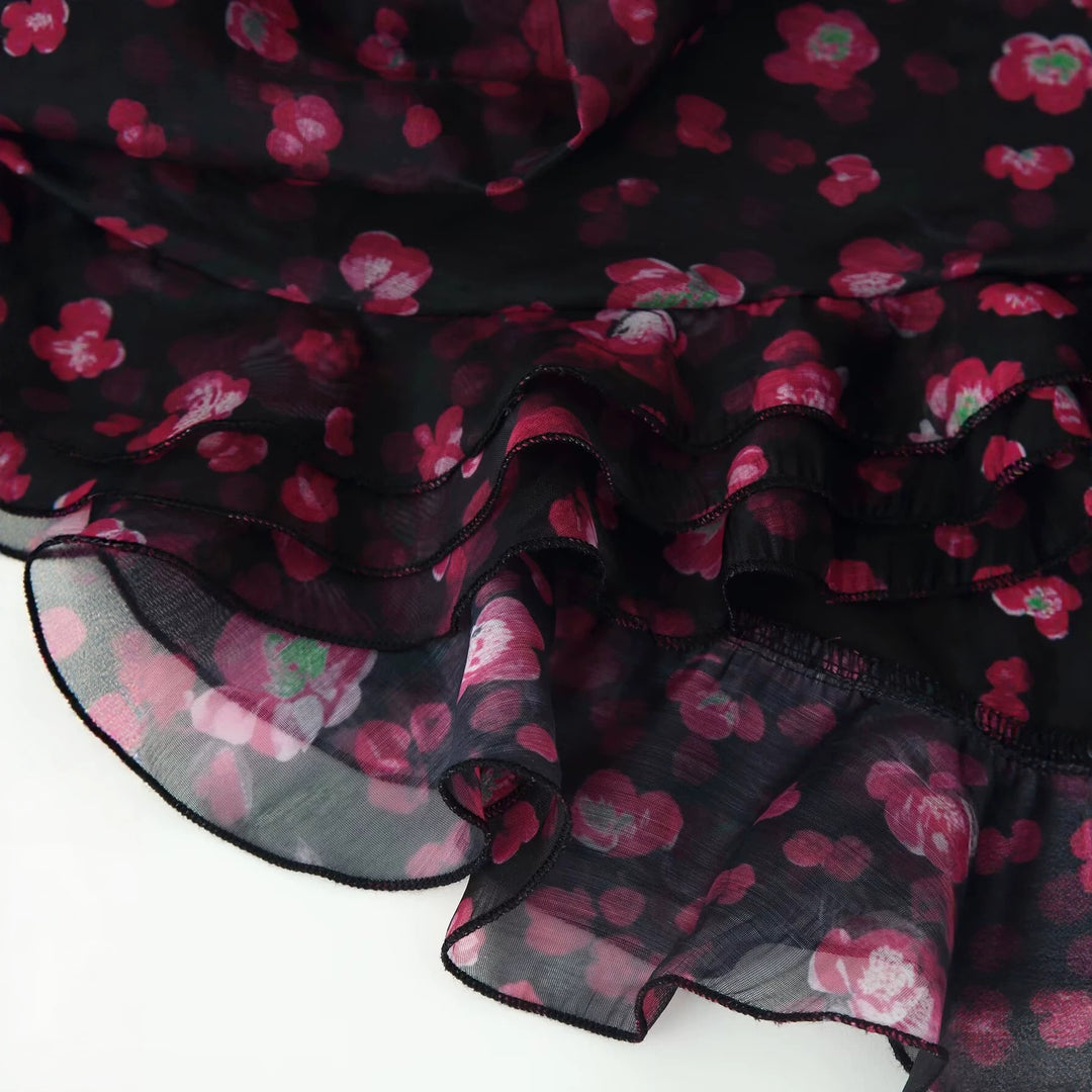 Damen Florales Chiffon-Minikleid mit tiefem V-Ausschnitt, Glockenärmeln und Stufenvolant Nord Taschen