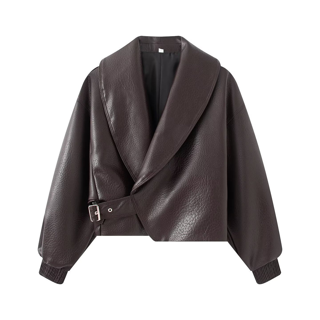Damen Boxy Cropped Blousonjacke aus Kunstleder mit überlappendem Schalkragen und Taillenriemen Nord Taschen