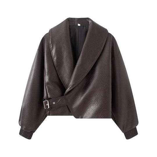 Damen Boxy Cropped Blousonjacke aus Kunstleder mit überlappendem Schalkragen und Taillenriemen Nord Taschen