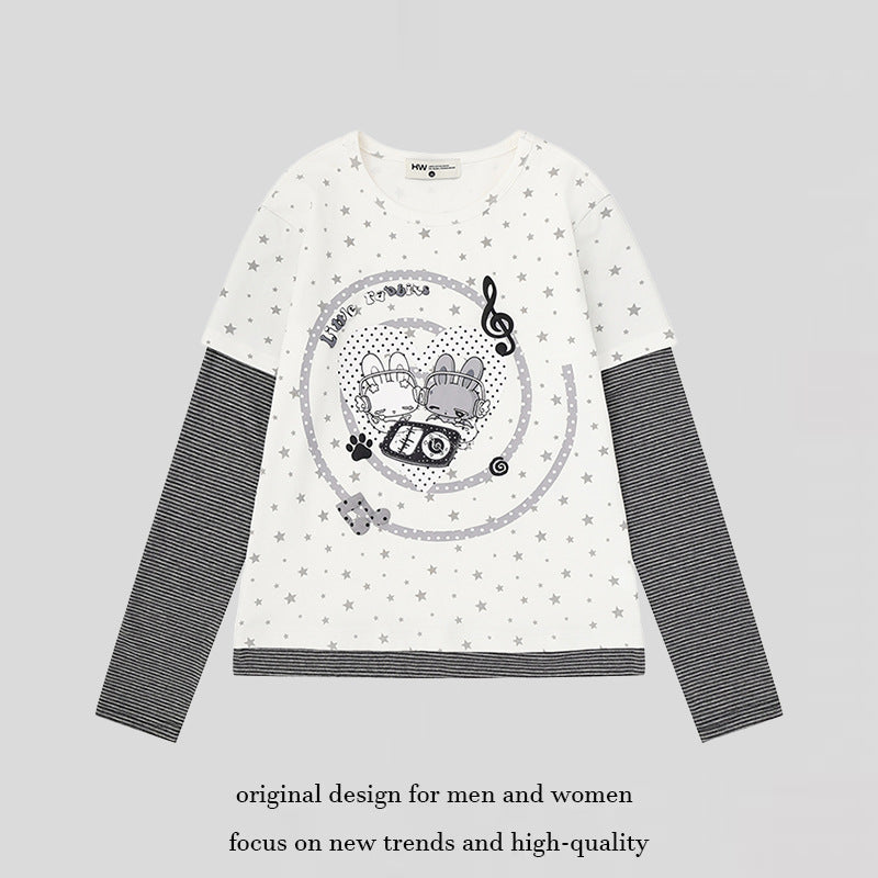 Damen Lagen-Langarmshirt mit Sternen-Allover, gestreiften Einsatzärmeln und Comic-Hasen-Frontprint Nord Taschen