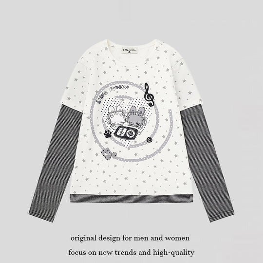 Damen Lagen-Langarmshirt mit Sternen-Allover, gestreiften Einsatzärmeln und Comic-Hasen-Frontprint Nord Taschen