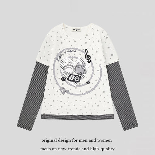 Damen Lagen-Langarmshirt mit Sternen-Allover, gestreiften Einsatzärmeln und Comic-Hasen-Frontprint Nord Taschen