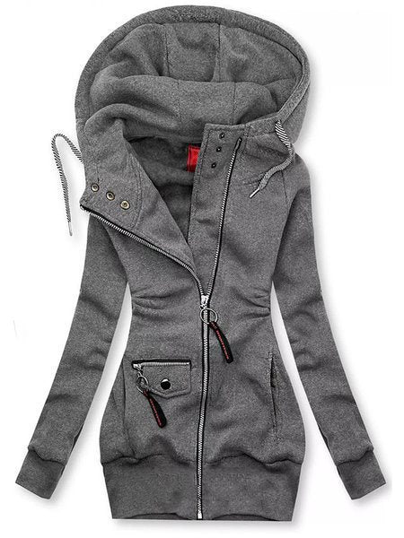 Damen Lange Kapuzenjacke mit asymmetrischem Reißverschluss und Zip‑Tasche Nord Taschen