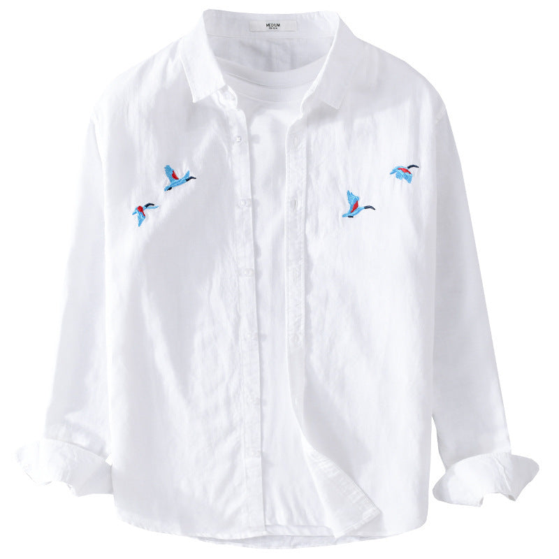 Herren Leichtes Leinenhemd mit feiner Vogelstickerei und Relaxed Fit Nord Taschen