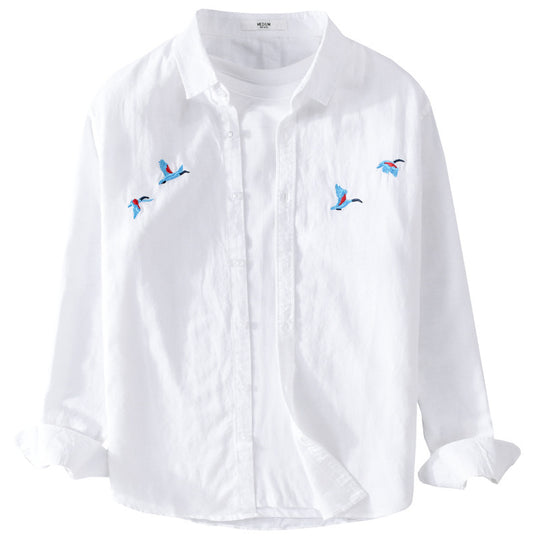 Herren Leichtes Leinenhemd mit feiner Vogelstickerei und Relaxed Fit Nord Taschen