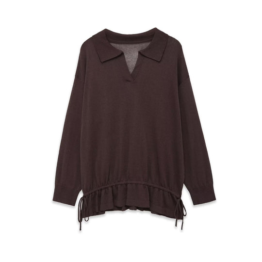 Damen Oversize-Pullover mit Polokragen, V-Ausschnitt und Tunnelzug Nord Taschen