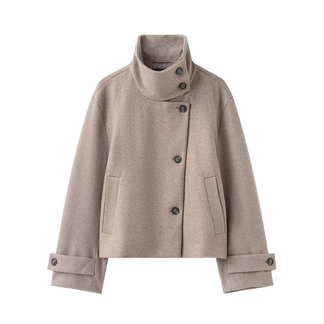 Damen Kurzer kastiger Wollmantel mit asymmetrischer Knopfleiste und Stehkragen Nord Taschen