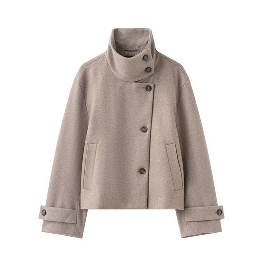 Damen Kurzer kastiger Wollmantel mit asymmetrischer Knopfleiste und Stehkragen Nord Taschen
