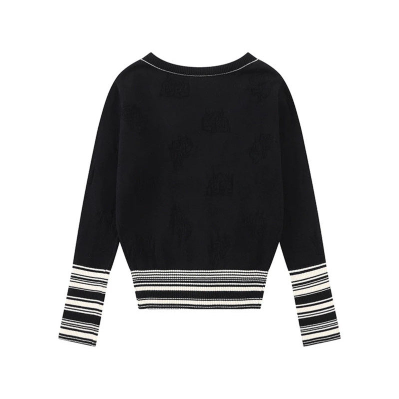 Damen Strickjacke mit V‑Ausschnitt, feinem Jacquardmuster und kontrastierenden Bündchen Nord Taschen