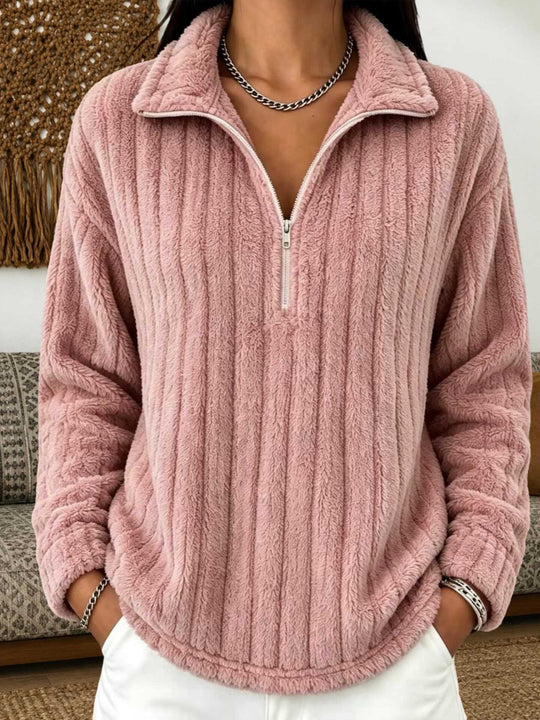 Damen Kuscheliger Plüsch-Halfzip-Pullover mit Stehkragen Nord Taschen
