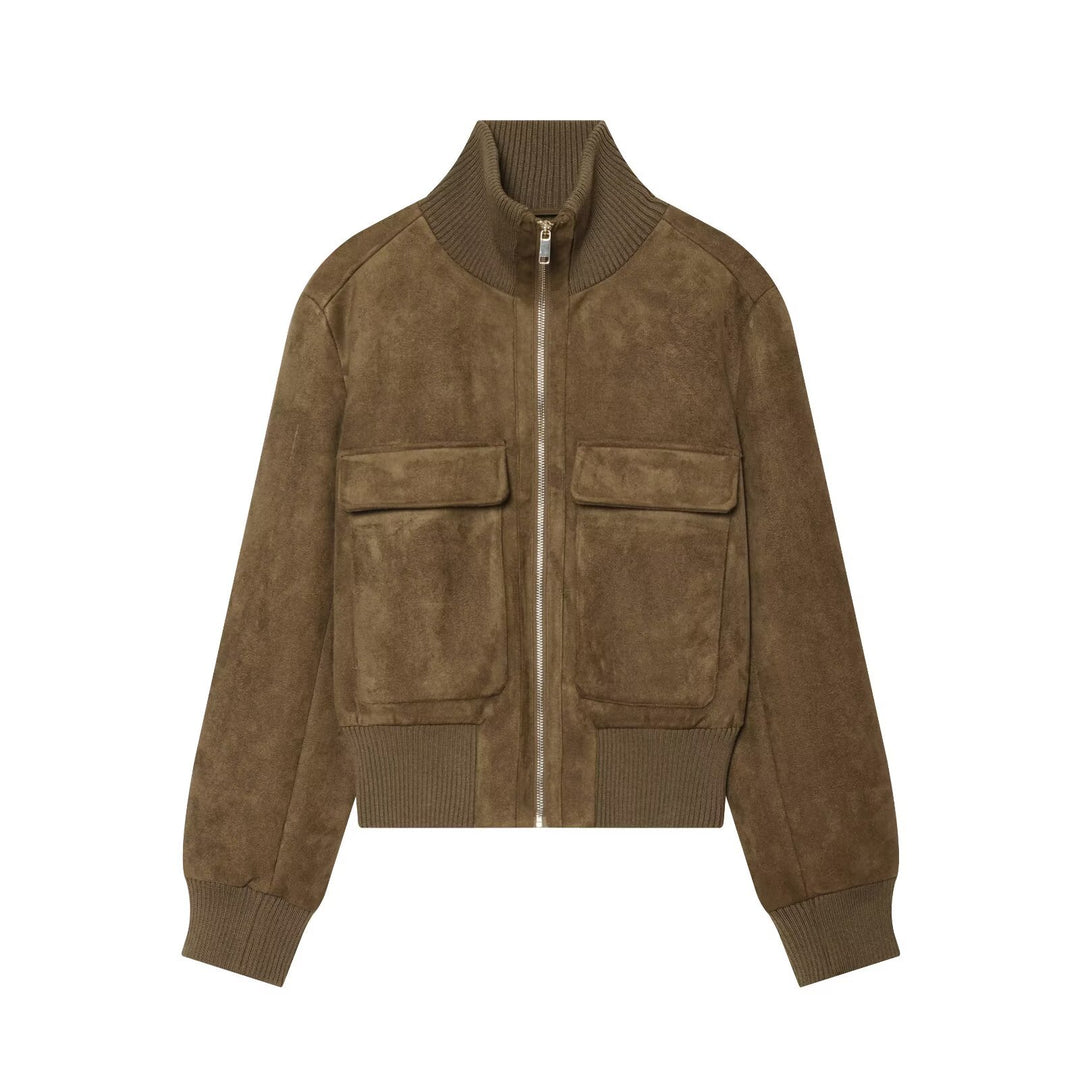 Damen Kurzblouson aus Veloursleder mit hohem Rippkragen und aufgesetzten Pattentaschen Nord Taschen