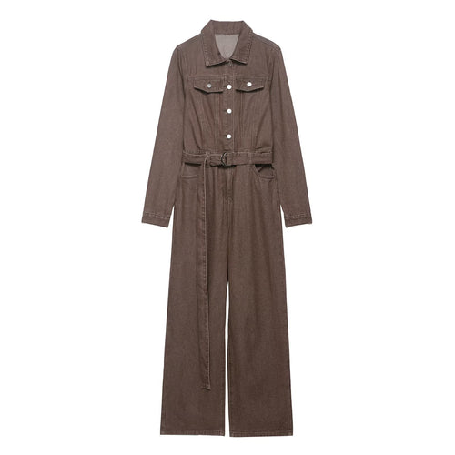 Damen Weicher Denim-Overall mit Hemdkragen, taillierendem Gürtel und weitem Bein Nord Taschen