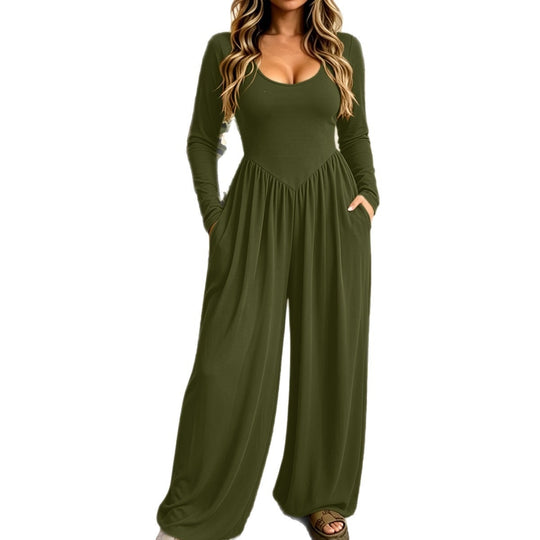 Damen Langer Jumpsuit mit weitem Bein, tiefem Rundhals und Eingrifftaschen Nord Taschen