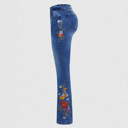 Damen Bootcut-Jeans mit seitlicher Blumenstickerei und komfortablem Stretchbund Nord Taschen