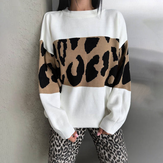 Damen Oversized Strickpullover mit Leoparden-Bahnen, überschnittener Schulter und geripptem Saum Nord Taschen