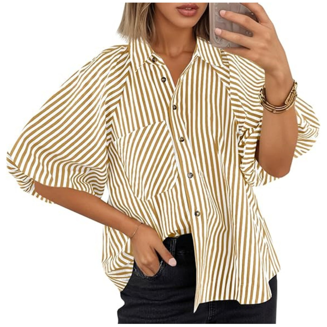 Damen Oversize Hemdbluse mit Ballonärmeln und vertikalem Streifenmuster Nord Taschen