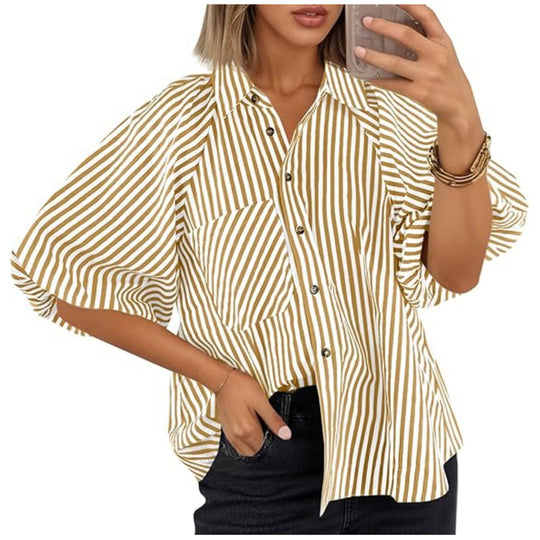 Damen Oversize Hemdbluse mit Ballonärmeln und vertikalem Streifenmuster Nord Taschen