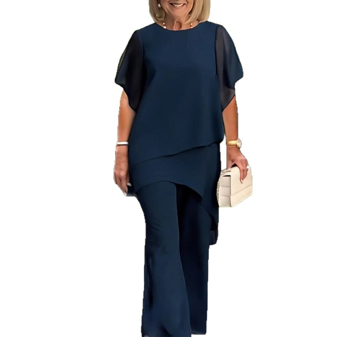 Damen elegantes Ensemble aus fließendem Oberteil und weitem Hose