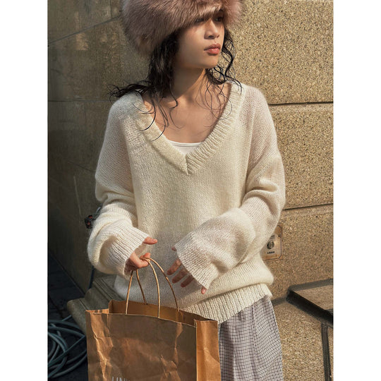 Damen Oversize Mohair‑Mix V-Ausschnitt Pullover mit extraweitem Ärmel Nord Taschen