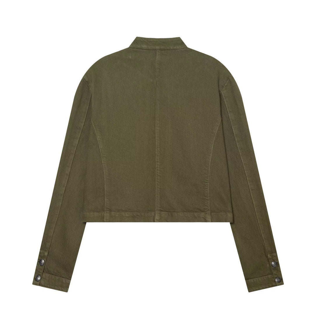 Damen Cropped Military‑Jacke mit Stehkragen, Zierknöpfen und Reißverschluss Nord Taschen
