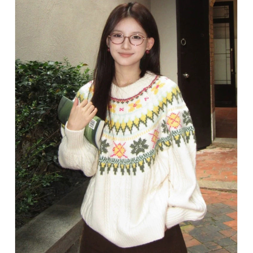 Damen Modischer Grobstrickpullover mit Norweger-Muster Nord Taschen
