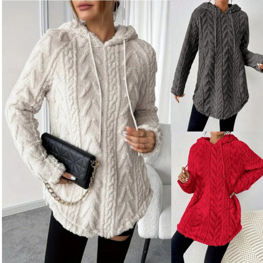 Damen Kuscheliger Teddy-Hoodie mit Zopfmuster Tunnelzug und gerundetem Saum Nord Taschen
