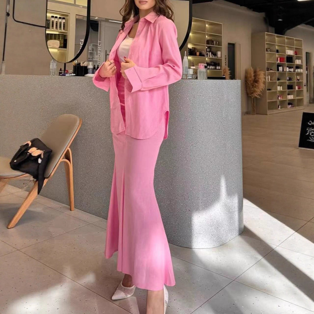 Damen Zweiteiliges Set Schlauchmaxirock mit ausgestelltem Saum und Oversize-Hemd Nord Taschen
