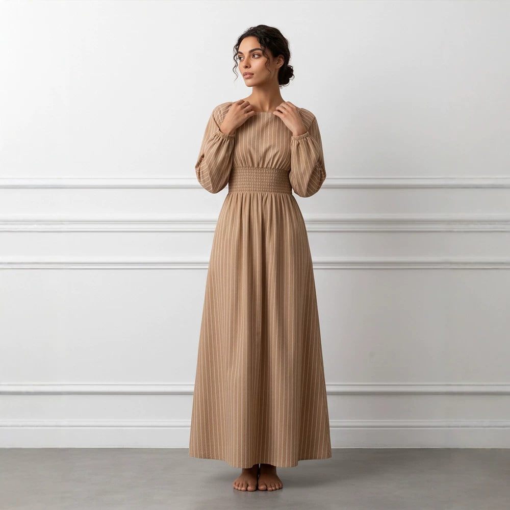 Damen Maxikleid mit Smok-Taillenband, Quadrat-Ausschnitt und langen Ballonärmeln Nord Taschen