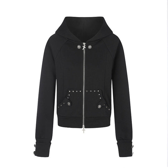 Damen taillierte Kapuzen‑Sweatjacke mit Frontreißverschluss, Nietenbesatz und Taschenapplikation Nord Taschen