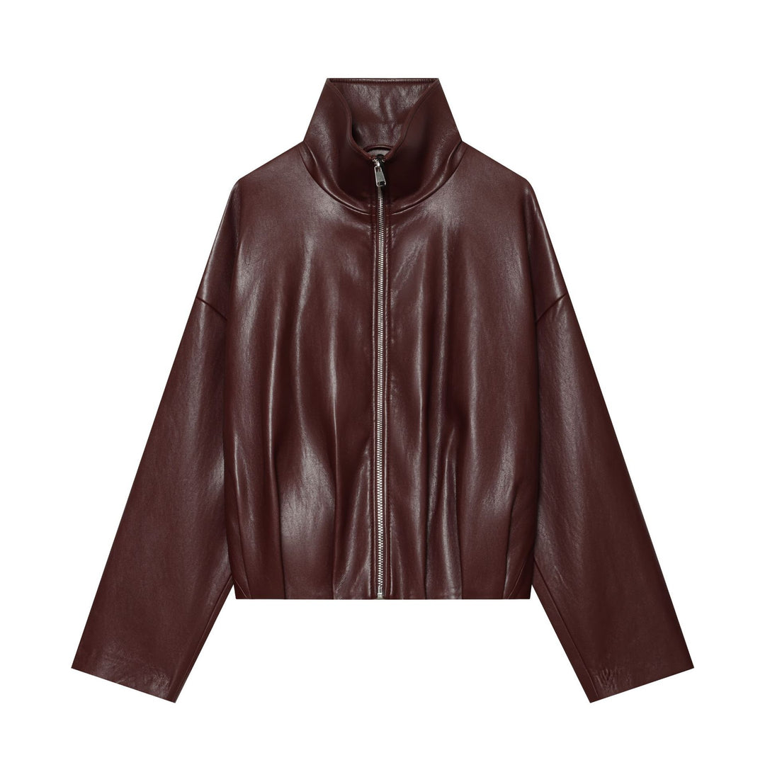Damen Cropped Kunstlederjacke mit hohem Funnelkragen und durchgehendem Reißverschluss Nord Taschen