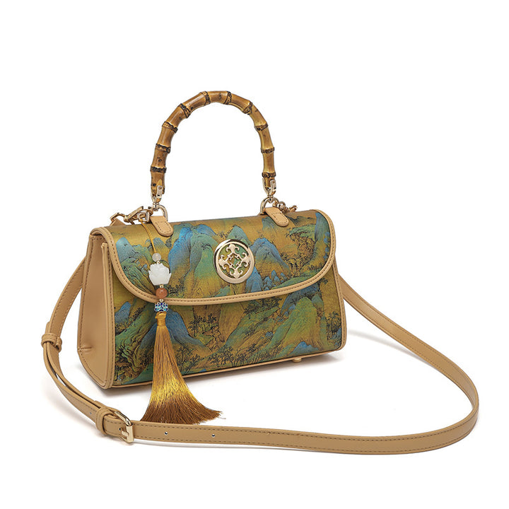 Damen elegante Handtasche mit Bambusgriff und kunstvollem Landschaftsmotiv Nord Taschen